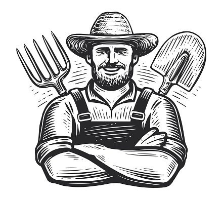 Happy farmer with arms crossed and gardening tools. Farm worker sketch. Hand drawn vintage vector illustration
