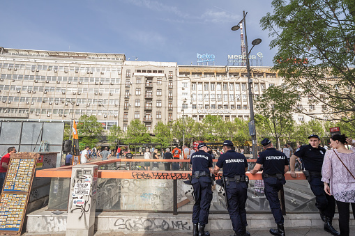 Picture serbian police officers, or policija, patrolling in the city center of Belgrade. The Police of Serbia, formally the Police of the Republic of Serbia, commonly abbreviated to Serbian Police, is the civilian police force of Serbia. The Serbian Police is responsible for all local and national law enforcement, under the jurisdiction of the Ministry of Internal Affairs (MUP)