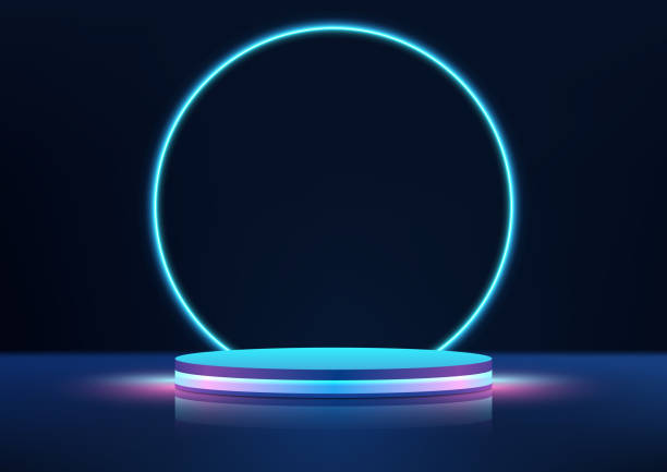 istock 3D realistic empty blue and pink neon colors podium with circles glowing blue neon light backdrop on black background technology style 1481063285