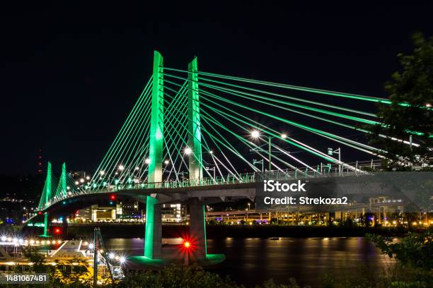 Night View At The Tilikum Crossing Bridge Over Willamette River In Oregon Stock Photo - Download Image Now
