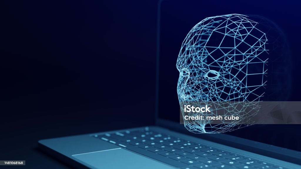 A human-faced AI appears on your computer monitor and does what you ask it to do in chat.3d rendering Artificial Stock Photo