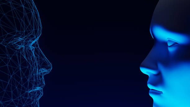 istock Conceptual background of a human face and an AI face looking at each other.3d rendering 1481068169
