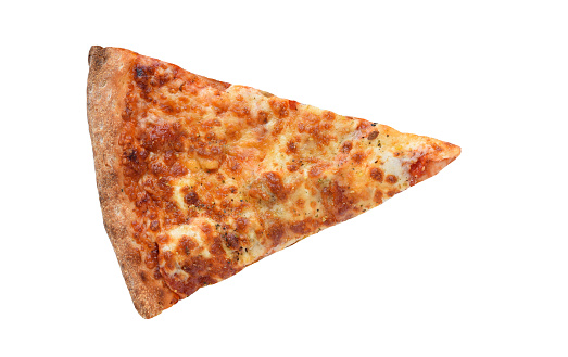 Slice of cheese pizza top view isolated cutout on white background
