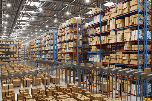 Large scale smart distribution warehouse, equipped with advanced technology for seamless operations. 
The scene features conveyor belts efficiently transporting cargo boxes, automated forklifts, and AGVs (Automated Guided Vehicles) working in harmony.