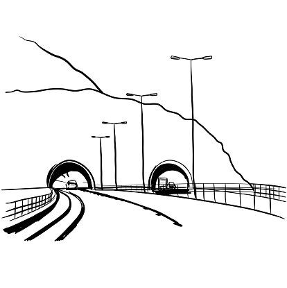 European motor way with tunnel entrance to cross the mountain ahead. Rough Sketch, Vector illustration.