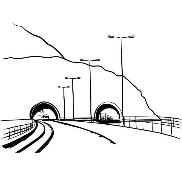 Vector illustration of Tunnel Roads Through Mountain Ink