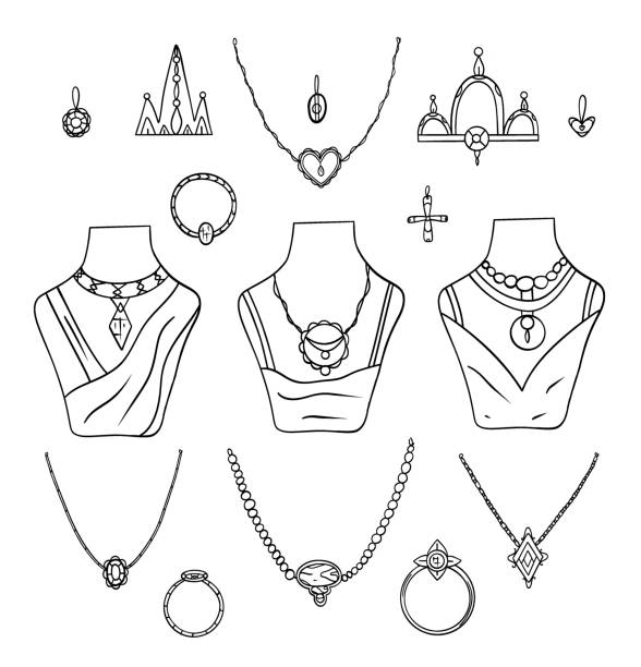 zestaw z biżuterią dla kobiet w ręcznie rysowanym stylu doodle - necklace jewelry heart shape gold stock illustrations