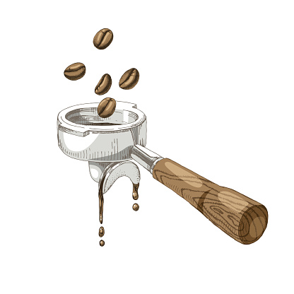 Coffee beans fall into the portafilter. Hand drawn illustration in retro style