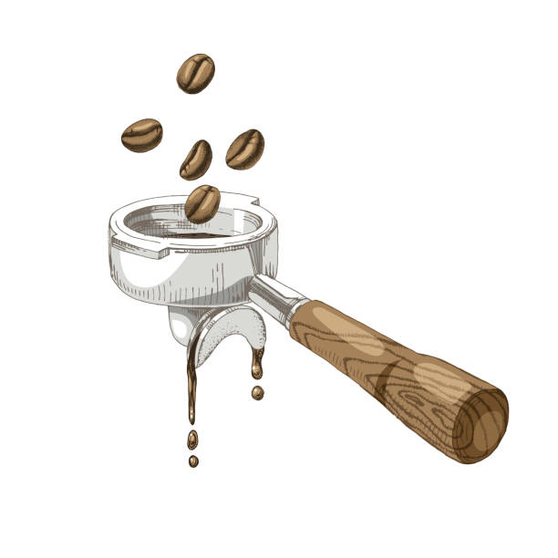 Coffee beans fall into the portafilter Coffee beans fall into the portafilter. Hand drawn illustration in retro style barista stock illustrations