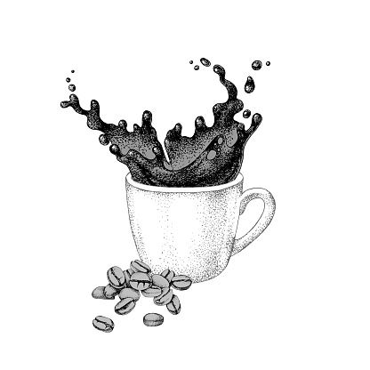 Splash in a cup of coffee. Hand drawn illustration in retro style