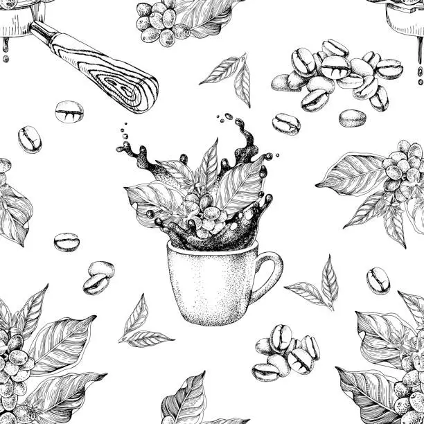 Vector illustration of Seamless pattern with coffee branches, beans, portafilter and cup with splash