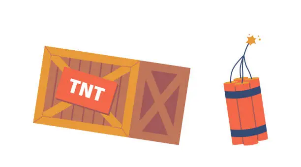 Vector illustration of Dynamite Sticks And Tnt Box For Mining Operations. Explosive Materials Needed For Mining And Construction Processes