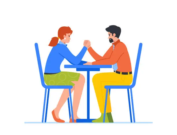 Vector illustration of Businesswoman And Man Competing In An Arm-wrestling Match, Displaying Strength And Determination Vector Illustration