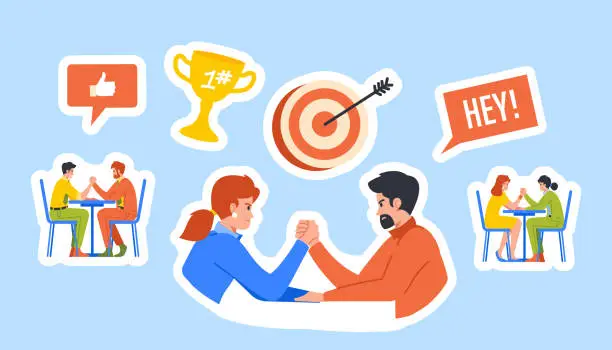 Vector illustration of Set Of Stickers With Business People Engaged In An Arm-wrestling Match, Displaying Strength Vector Illustration