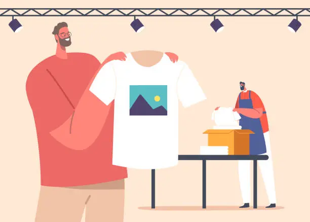 Vector illustration of Worker In Studio Presenting Silk Screen Printing On T-shirts and Packing Clothes into Box for Delivery Illustration
