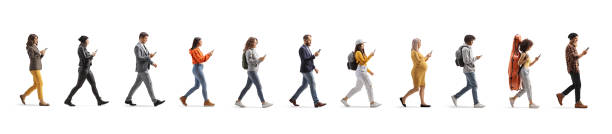 people using smartphones and walking in a line - women young adult isolated length imagens e fotografias de stock