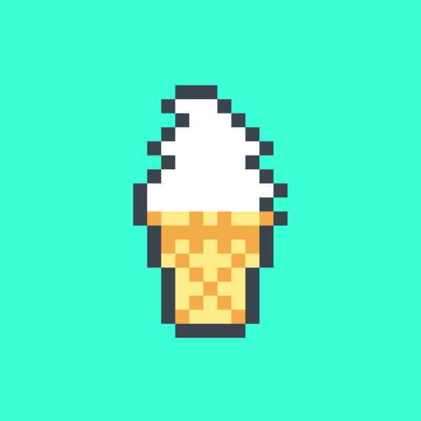 illustrazioni stock, clip art, cartoni animati e icone di tendenza di personaggio del cono gelato pixel. dessert estivo a 8 bit. - vector frozen pixelated multi colored