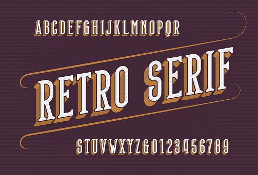 Retro Serif alphabet font. Narrow letters and numbers. Vector typescript for your typography design.