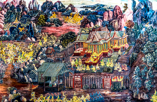 Buddhist Temple Wall Mural Painting Wat Temple Phra Kaew Grand Palace Bangkok Thailand Palace was home of King of Thailand from 1782 to 1925