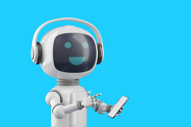 istock Friendly cartoon style chat robot with mobile phone. 3d illustration. 1481083049