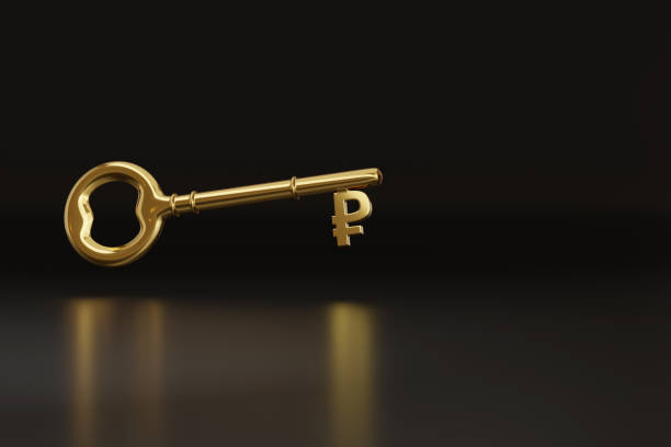 istock Golden key with ruble sign with copy space. 3d illustration. 1481083079