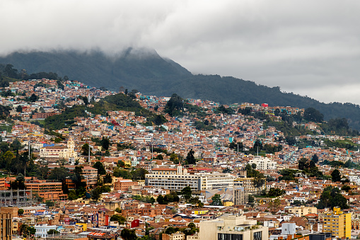 Populous shanty town on the slope of a hill in Bogota, Colombia