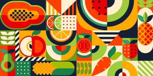 ilustraciones, imágenes clip art, dibujos animados e iconos de stock de patrón bauhaus con fondo de frutas tropicales - lemon backgrounds fruit textured