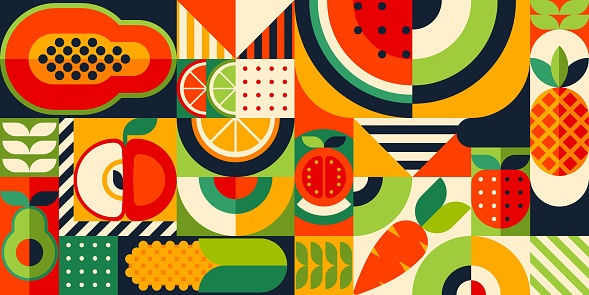 Bauhaus pattern with tropical fruits. Vector background with papaya, watermelon, apple and avocado. Pineapple, citrus, orange with lime or lemon and strawberry. Vegetables carrot or tomato and corn