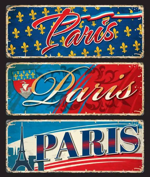 Vector illustration of Paris travel stickers, plates, France luggage tags