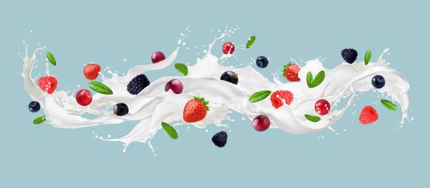 新鮮なベリーやフルーツのミルクウェーブスプラッシュ - cherry flavored illustrations点のイラスト素材／クリップアート素材／マンガ素材／アイコン素材