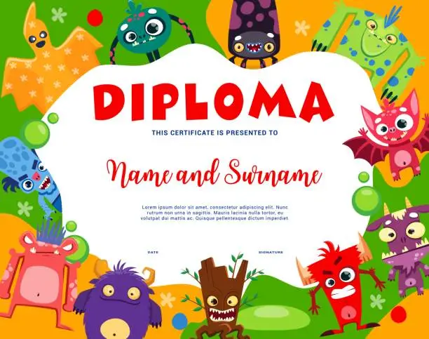 Vector illustration of Kids diploma, cartoon funny monsters characters