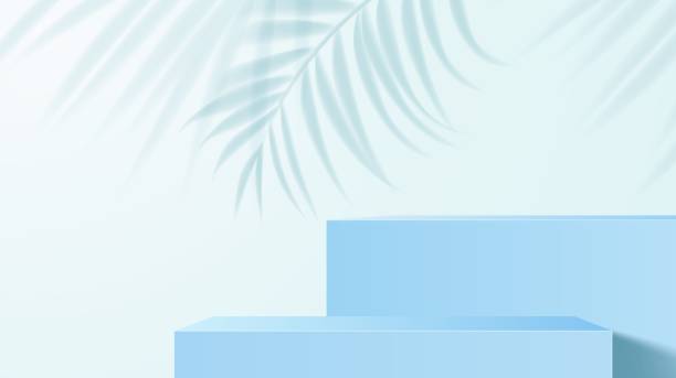 Blue podium with palm leaf shadow, product display Blue podium with palm leaf shadow for product display background, vector 3D scene. Blue podium or stage platform and product stand pedestal with summer palm leaves shadow on wall, studio showcase background studio water stock illustrations