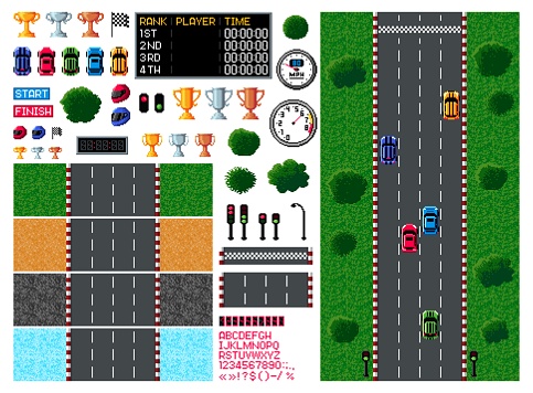 Pixel race, arcade game top view, car racing video game in retro 8 bit, vector asset icons. Vintage computer game arcade or car races props and player interface elements with sport cars and racetracks