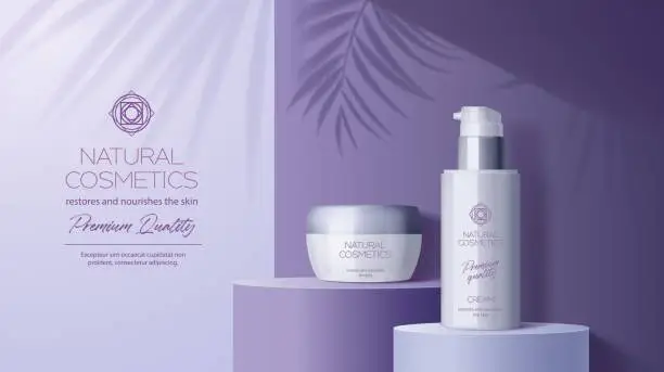 Vector illustration of Cosmetics purple podium, skin cream ad display