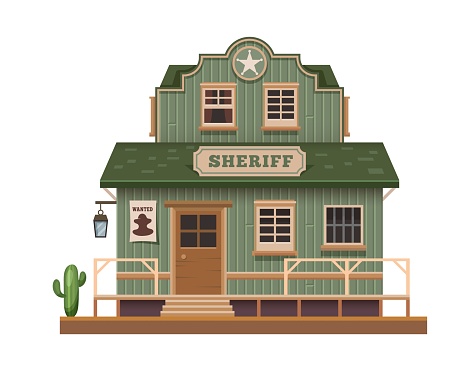 Western, Wild West sheriff office, town building of cowboy cartoon, vector old house of wood. American country city or Wild West architecture, Texas sheriff office or police building with sign