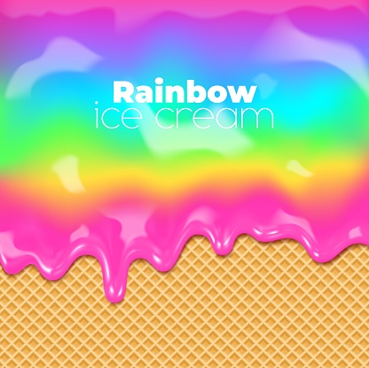 Rainbow sweet drip, melt flow of ice cream dessert food on waffle cone texture background. Vector 3d rainbow candy, donut glaze or milk ice cream melting on wafer pattern with glossy drops, splashes