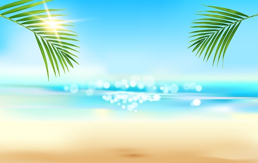 Realistic summer beach tropical landscape with sea waves, palm leaves and sand, vector background. Ocean island, water lagoon and sun in sky, palm leaf and sunshine or sunlight flares in paradise