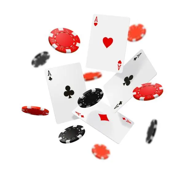 Vector illustration of Flying casino poker cards and chips, gambling game