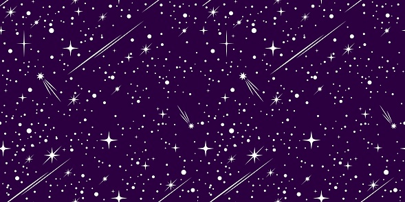 Space sky seamless pattern, stars and comets on violet background. Vector magic cosmic abstract esoteric ornament. Astronomy or astrology science repeated backdrop, starry galaxy or infinite Universe