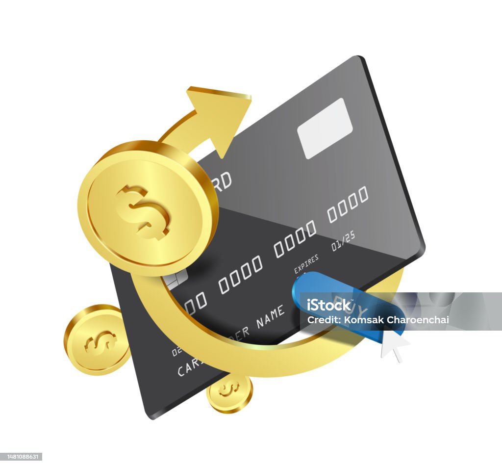 금색 화살표와 금화 또는 달러가 검은 색 신용 카드 주위에 소용돌이 치고 캐쉬백 프로모션을 위해 전면에 파란색 구매 버튼이 있습니다  3차원 형태에 대한 스톡 벡터 아트 및 기타 이미지 - Istock
