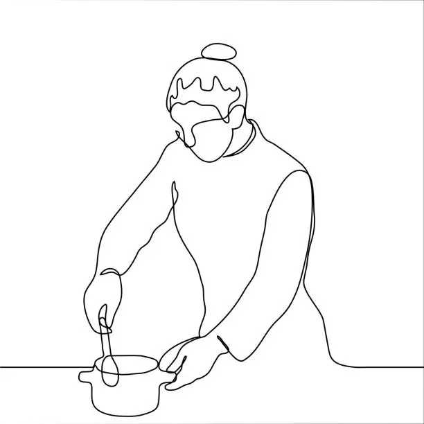 Vector illustration of female chef is stirring food with a spoon in a pan. A woman is preparing food in professional cook clothes. One continuous line art cooking