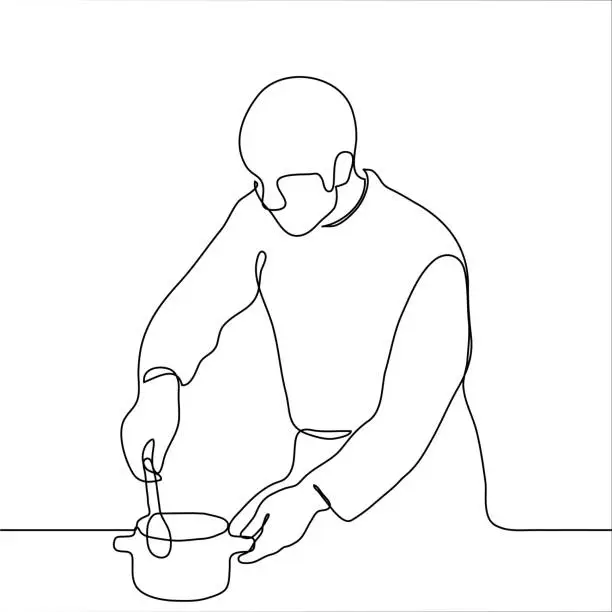Vector illustration of male chef is stirring food with a spoon in a pan. A man is preparing food in professional cook clothes. One continuous line art cooking