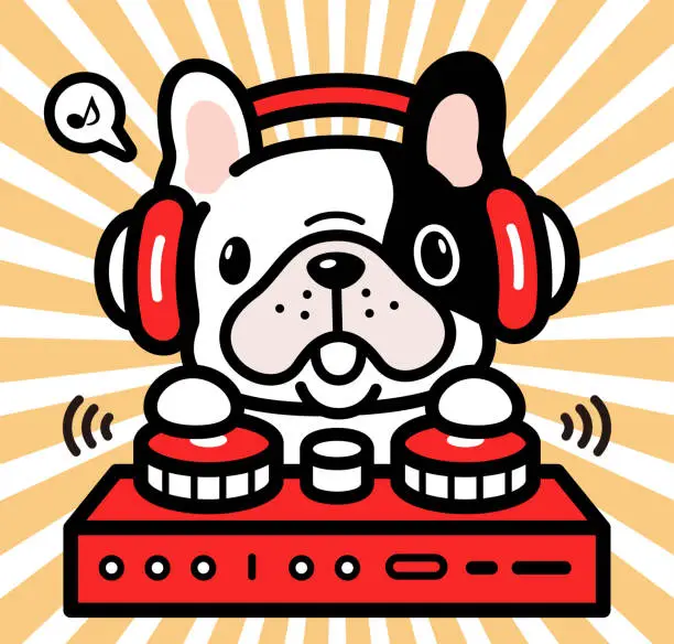 Vector illustration of Cute character design of a French bulldog wearing headphones and playing on turntables