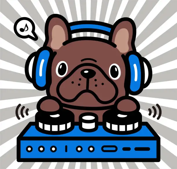 Vector illustration of Cute character design of a French bulldog wearing headphones and playing on turntables