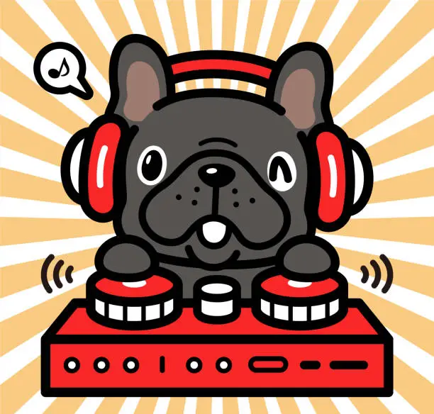 Vector illustration of Cute character design of a French bulldog wearing headphones and playing on turntables