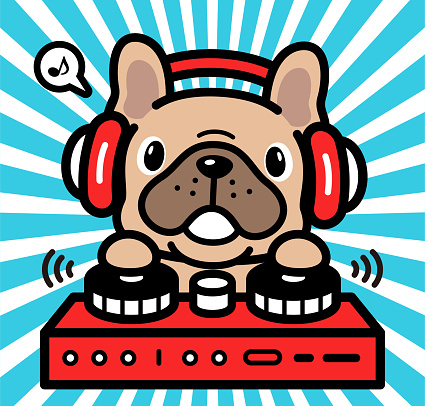 Animal characters vector art illustration.
Cute character design of a French bulldog wearing headphones and playing on turntables.