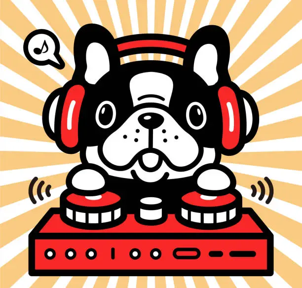 Vector illustration of Cute character design of a French bulldog wearing headphones and playing on turntables