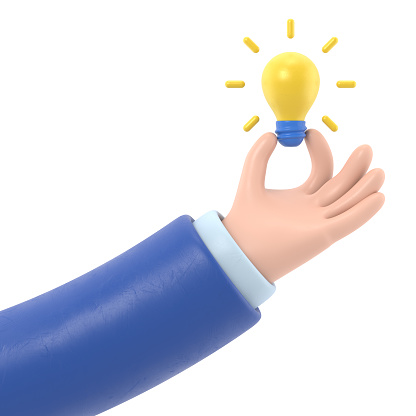 Cartoon Gesture Icon Mockup.3d icon hand holding light bulb gesture. cartoon great idea concept, 3D rendering on white background.