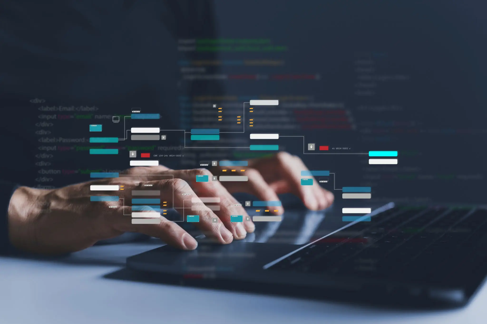 컴퓨터와 파이썬으로 배우는 언어 프로그래밍 2 Software developer or programmer coding program with laptop. Create Intelligence innovation. Computer programming, development software engineer and architecture, digital data technology management