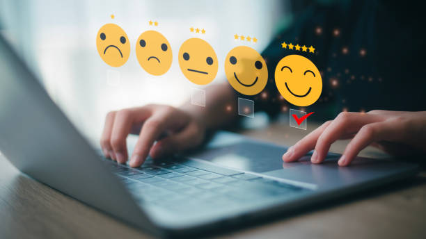 istock Users give ratings to service experience, Customer satisfaction concept. Positive emotion happy smile face five stars and crown, feedback, service, survey, standard quality. certification 1481095167
